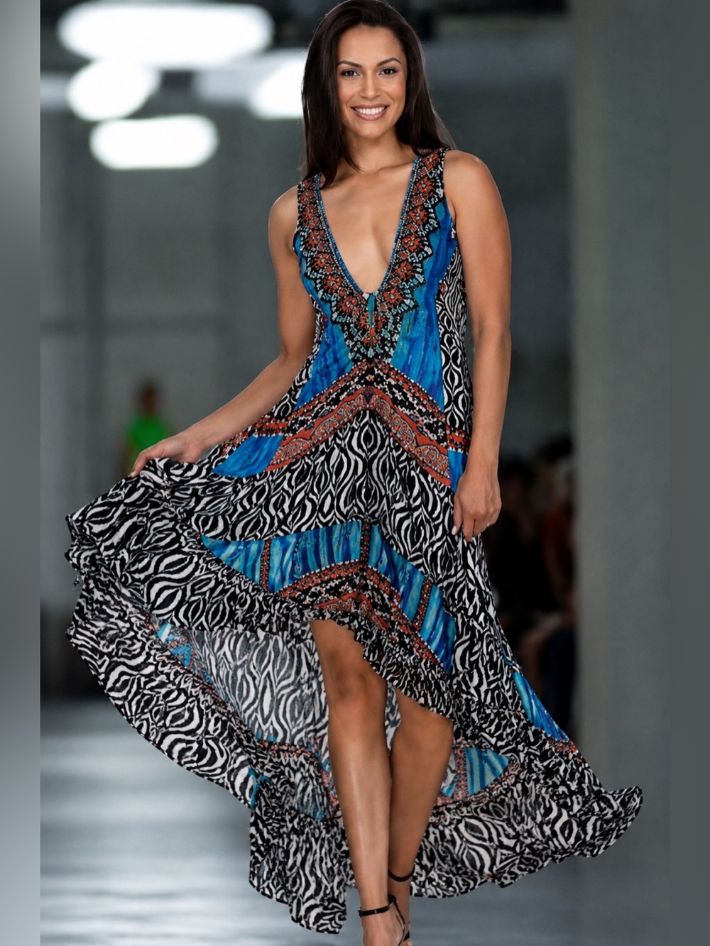La Moda True Colours Halter 3-Way Maxi Printed Beaded Resort Dress 💙 S/M - Picture 1 of 12
